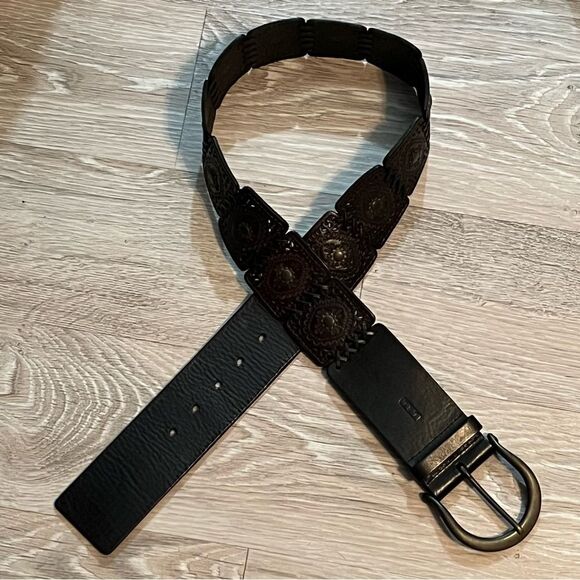 Vtg New Ralph Lauren wide leather belt Tooled Braid Brass buckle Boho Western L - Picture 6 of 16